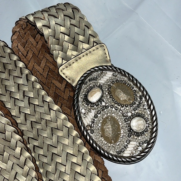 Chicos BLING beige white gem stone WIDE hook BELT beaded OVAL BUCKLE braided 41” - Picture 4 of 13